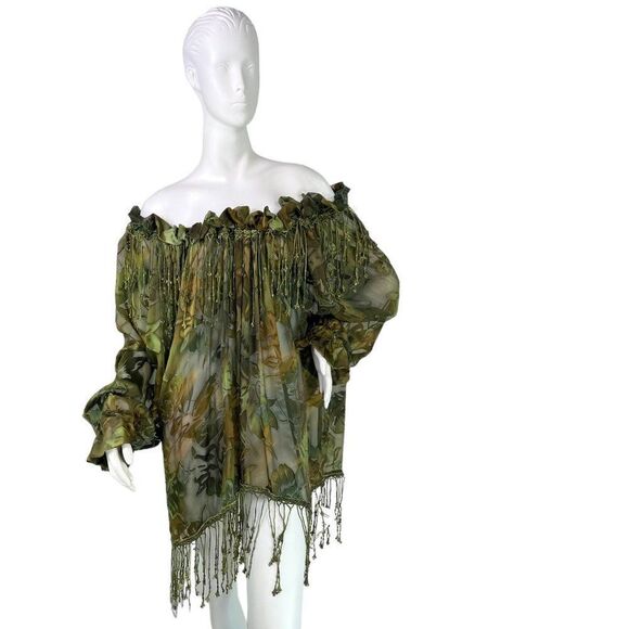 NEW Pat Dahnke Texas Cowgirl Couture Off the Shoulder Green Fringed Top O/S - Picture 1 of 10